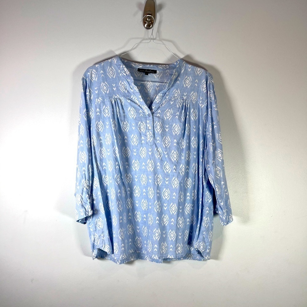Ava Christine Linen Long Sleeve Soft Blue Pull Over Blouse Geometric Size 2X